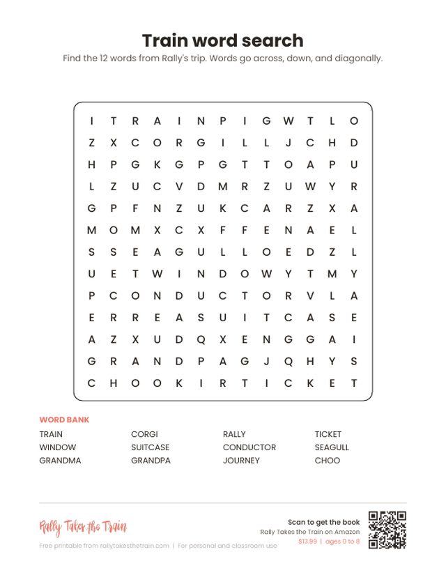 Printable train word search for kids with 12 words including train, corgi, ticket, conductor, seagull, grandma, and grandpa.