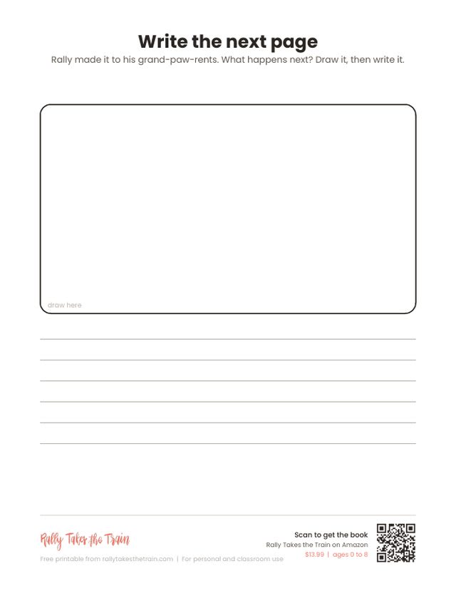 Printable story page for kids: a large drawing box and lined space to write what happens after Rally reaches his grandparents.