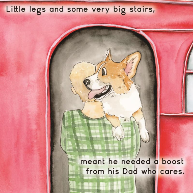 Watercolor of a dad lifting Rally the corgi up the big stairs of a red train car