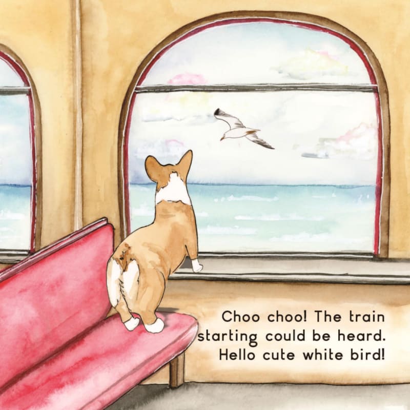 Watercolor of Rally standing on a red train seat, looking out an arched window at the ocean and a white bird. Text: Choo choo! The train starting could be heard. Hello cute white bird!