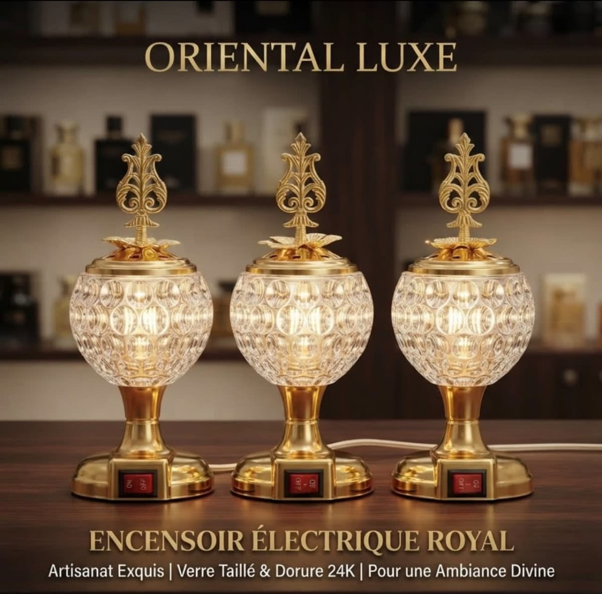 Brûleur d'encens électrique royal en verre taillé et métal doré