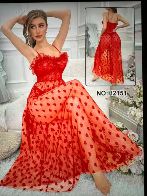 nuisette longue rouge transparente en tulle et dentelle