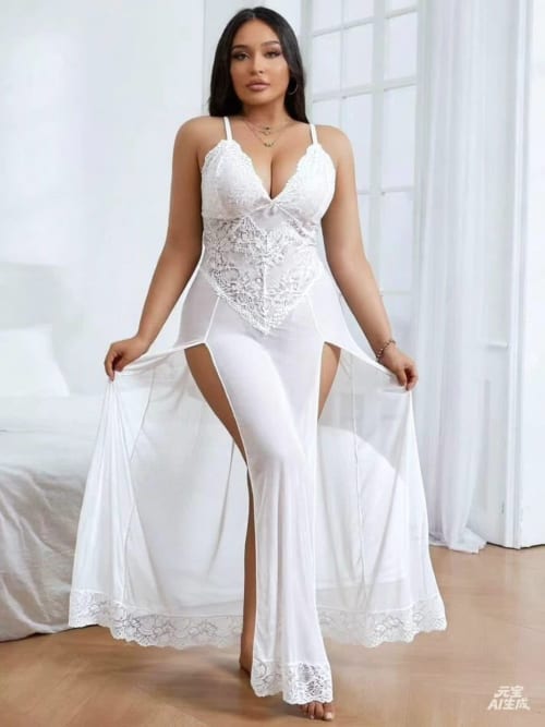 Nuisette longue en dentelle florale et mesh blanc