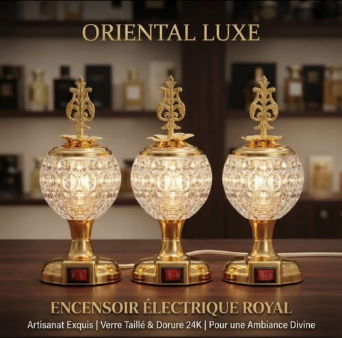 Brûleur d'encens électrique royal en verre taillé et métal doré