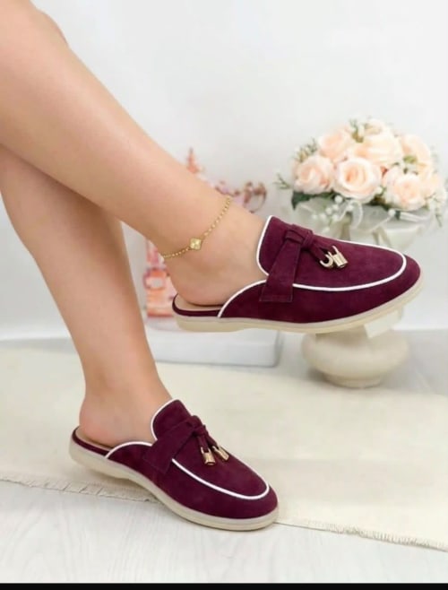babouches plates pour femmes en daim de couleur bordeaux (grenat)