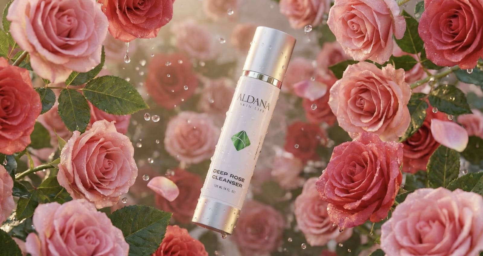 Deep Rose Cleanser among pink roses