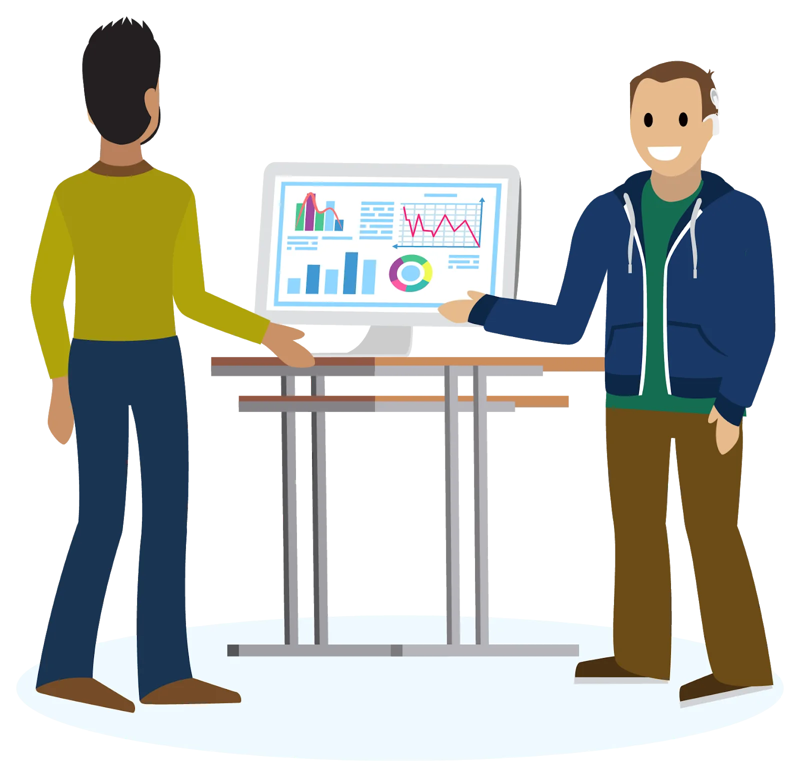 A man wearing a cochlear implant shows some data graphs on a computer monitor to another man.
