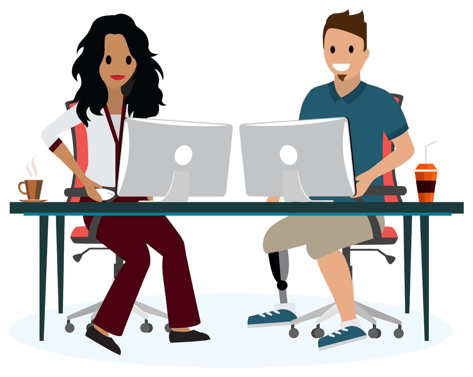 A woman and man, sitting at computers and smiling. The man has a prosthetic leg.