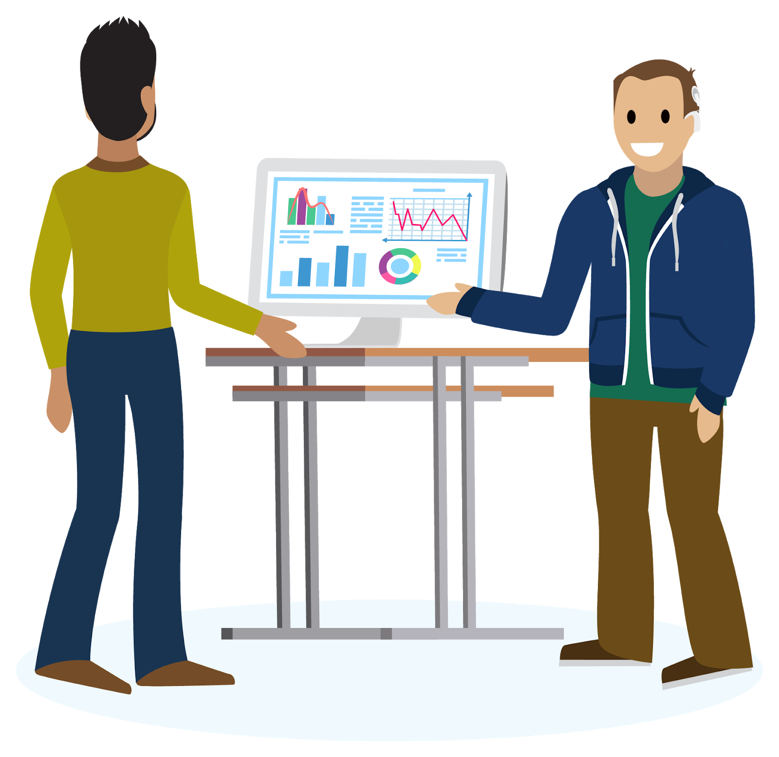 A man wearing a cochlear implant shows some data graphs on a computer monitor to another man.