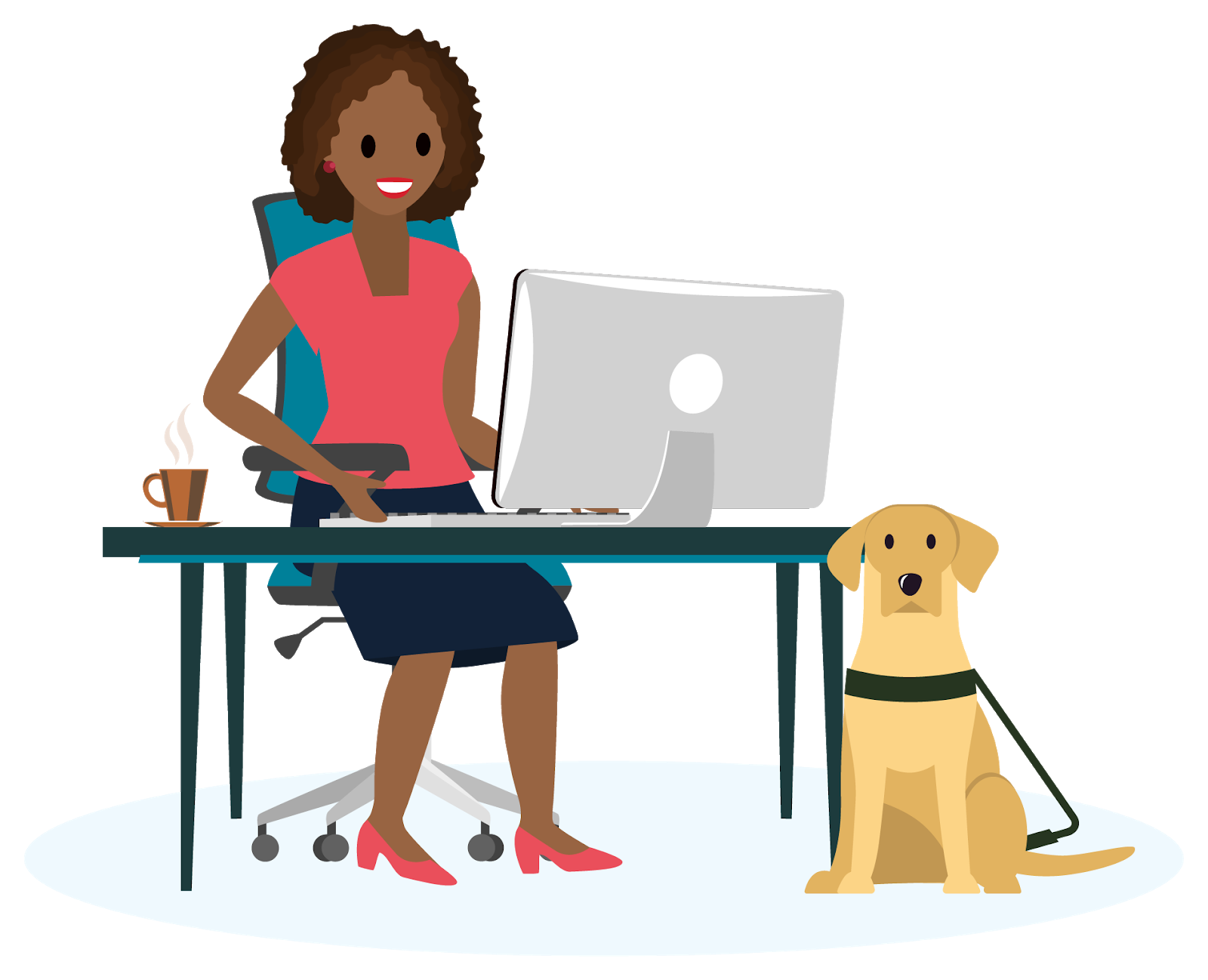 Woman sitting at a desk typing on a keyboard with a yellow lab guide dog sitting beside her.