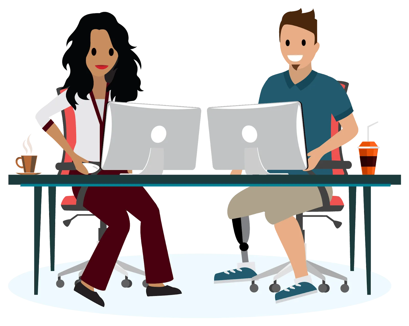 A woman and man, sitting at computers and smiling. The man has a prosthetic leg.