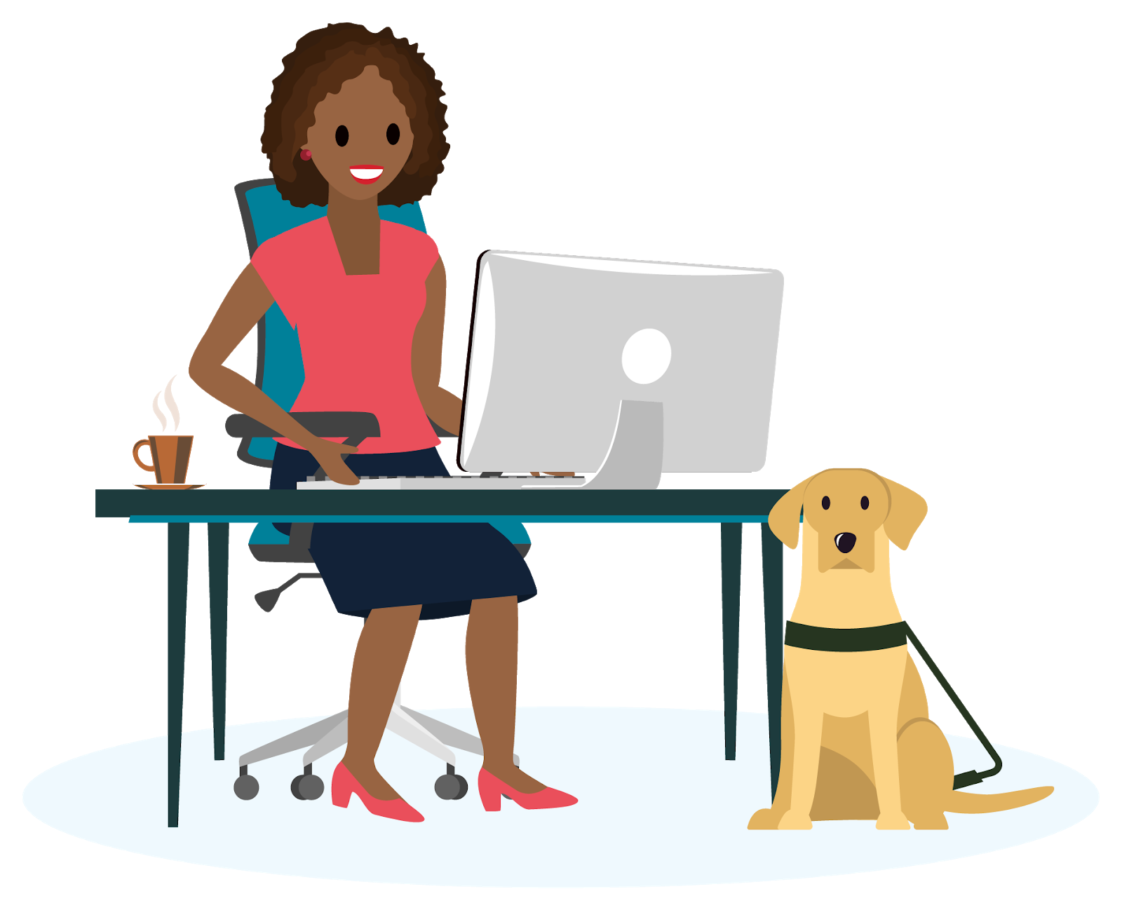 Mujer sentada en un escritorio escribiendo en un teclado con un perro guía labrador amarillo sentado a su lado.