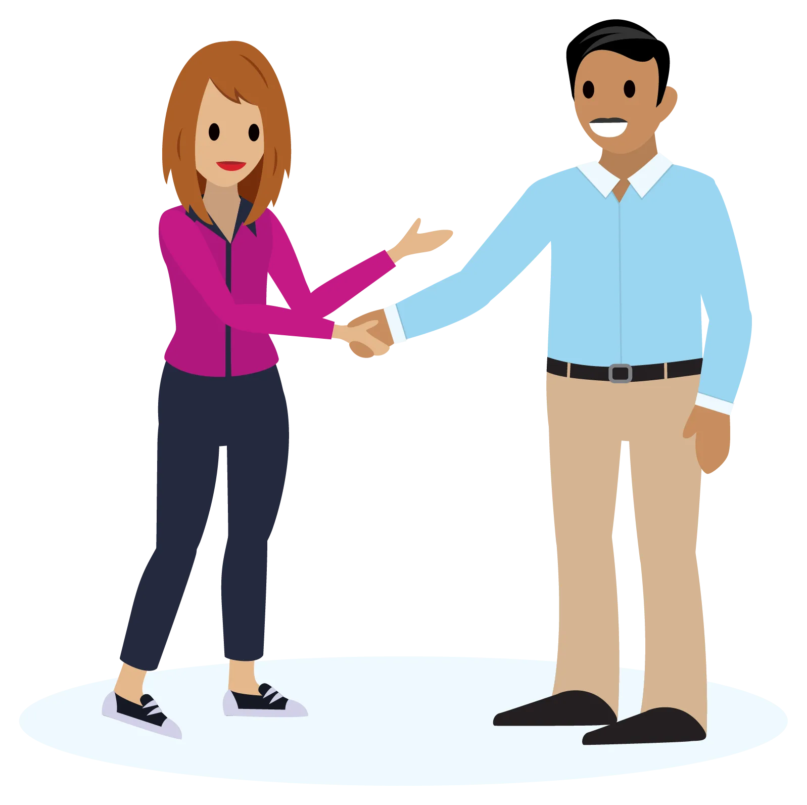 Man and woman smiling, shaking hands.