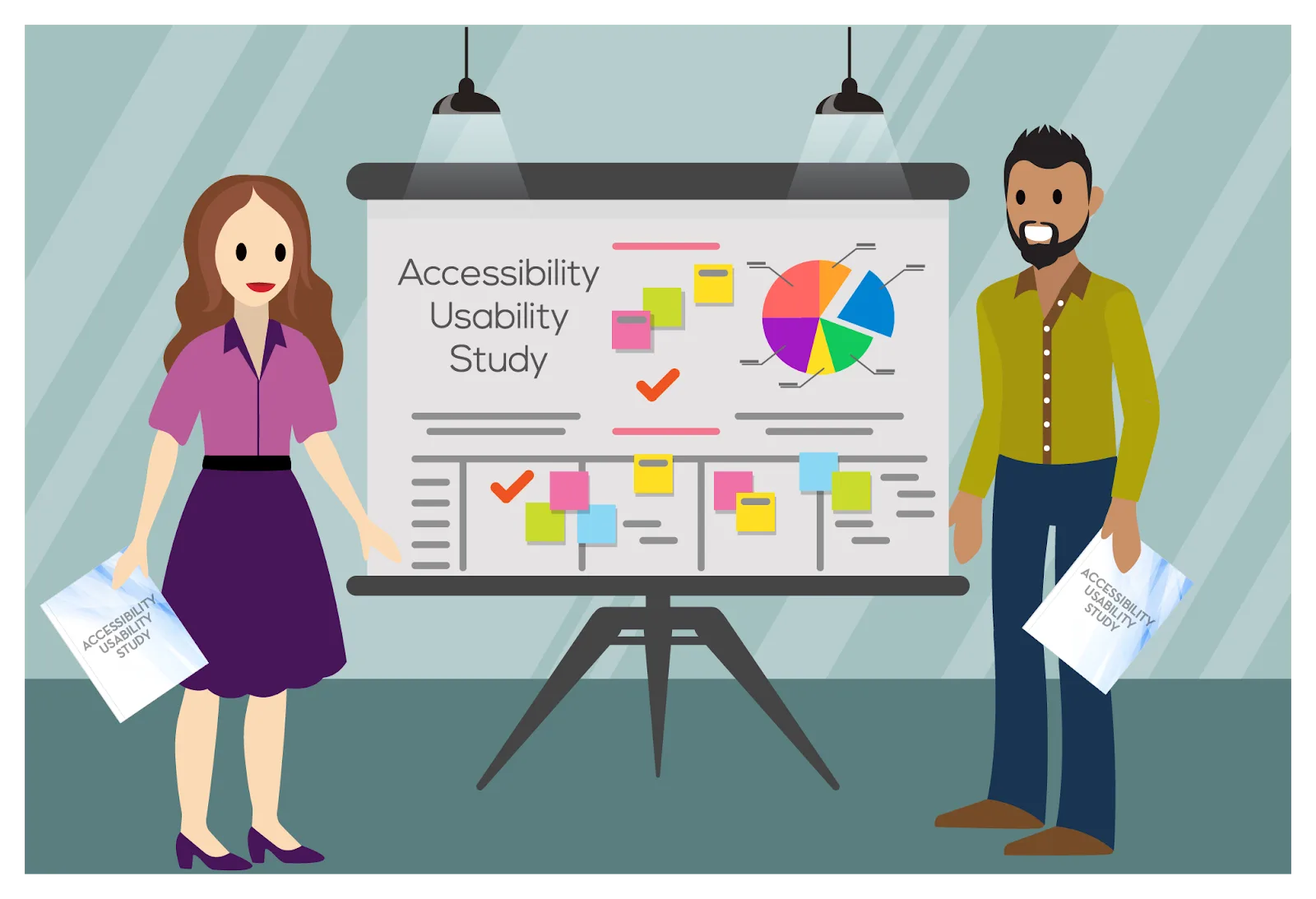 Un uomo e una donna in piedi davanti a una diapositiva con la dicitura "Accessibility Usability Study".