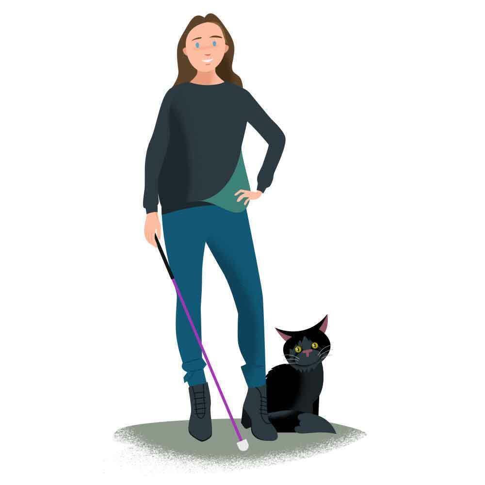 Illustration of Trailblazer Cala Campfield, a woman with long dark hair, holding a purple mobility cane with a white tip. She is smiling and standing next to a black cat.