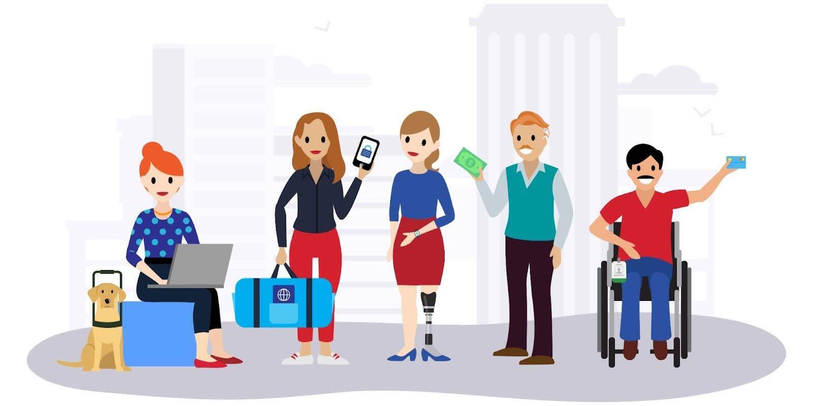 Group of five people with disabilities including people with limb and mobility differences, someone with a cochlear implant, and someone with a service dog. One person is holding a device with a shopping icon; others are holding cash and credit cards, demonstrating the buying power of the disability community.