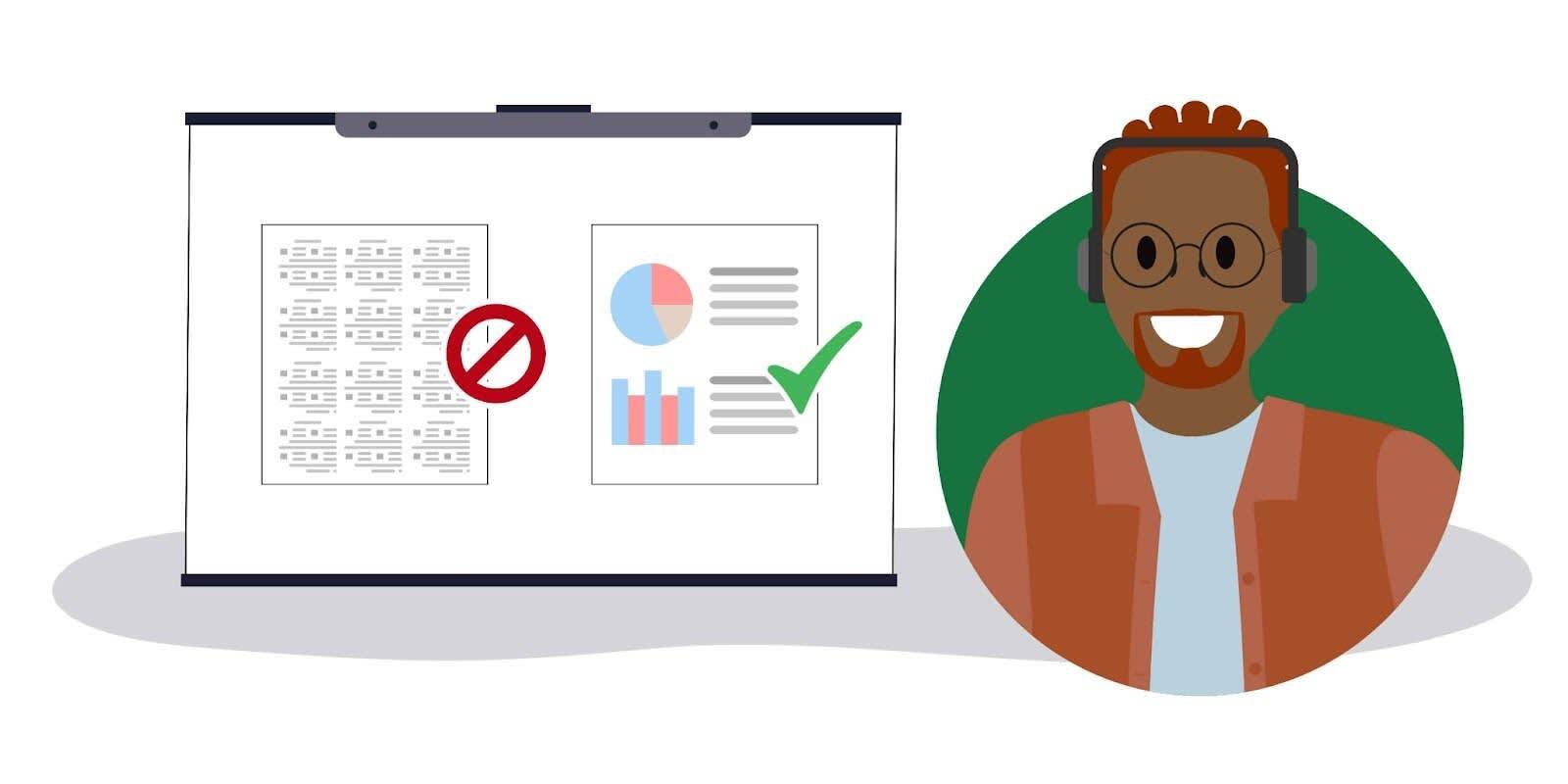 Two handouts, one showing an overcomplicated design with a red prohibition symbol at the side, and one showing a clean, simple design with a green checkmark at the side. A man wearing headphones, representing neurodiversity, looks at the documents.