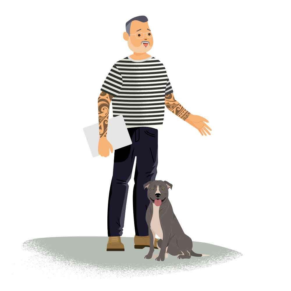 Illustration of Trailblazer Kurt Iobst smiling; he is a bearded man with tattoos in a striped shirt carrying a laptop computer and standing next to a large gray dog.