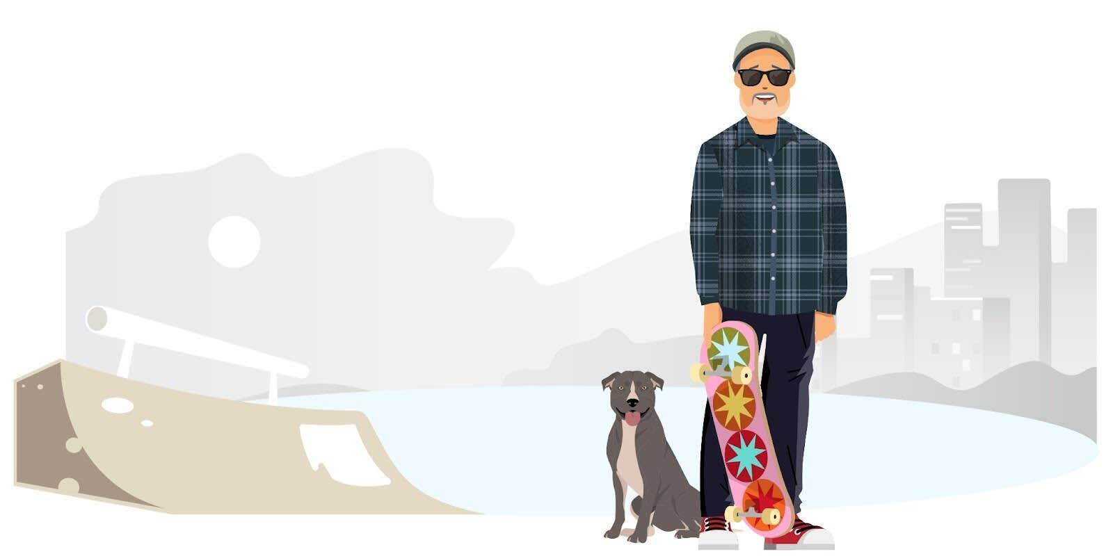 Illustration of our Trailblazer, Kurt, standing with a skateboard next to his dog at a skatepark.