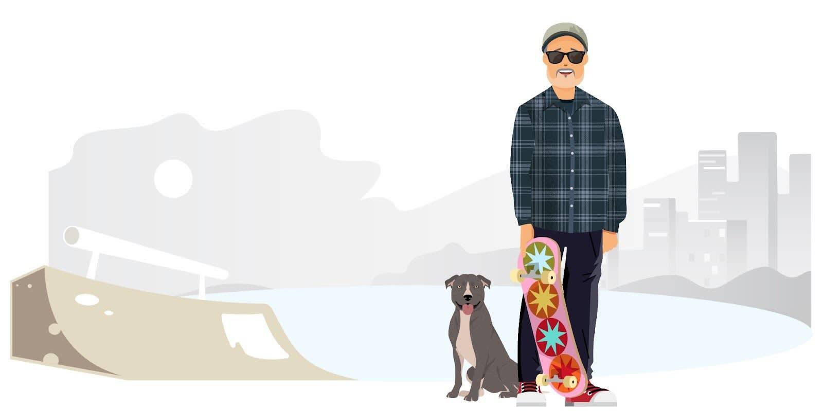Illustration of our Trailblazer, Kurt, standing with a skateboard next to his dog at a skatepark.