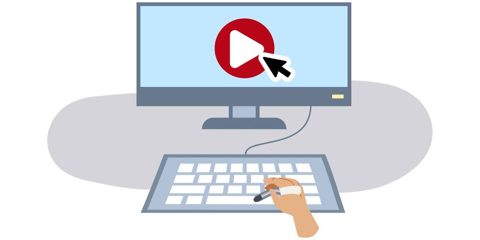 Hand of someone with a motor disability tabbing on a keyboard with their pointer tool to select the “play” button on a video.