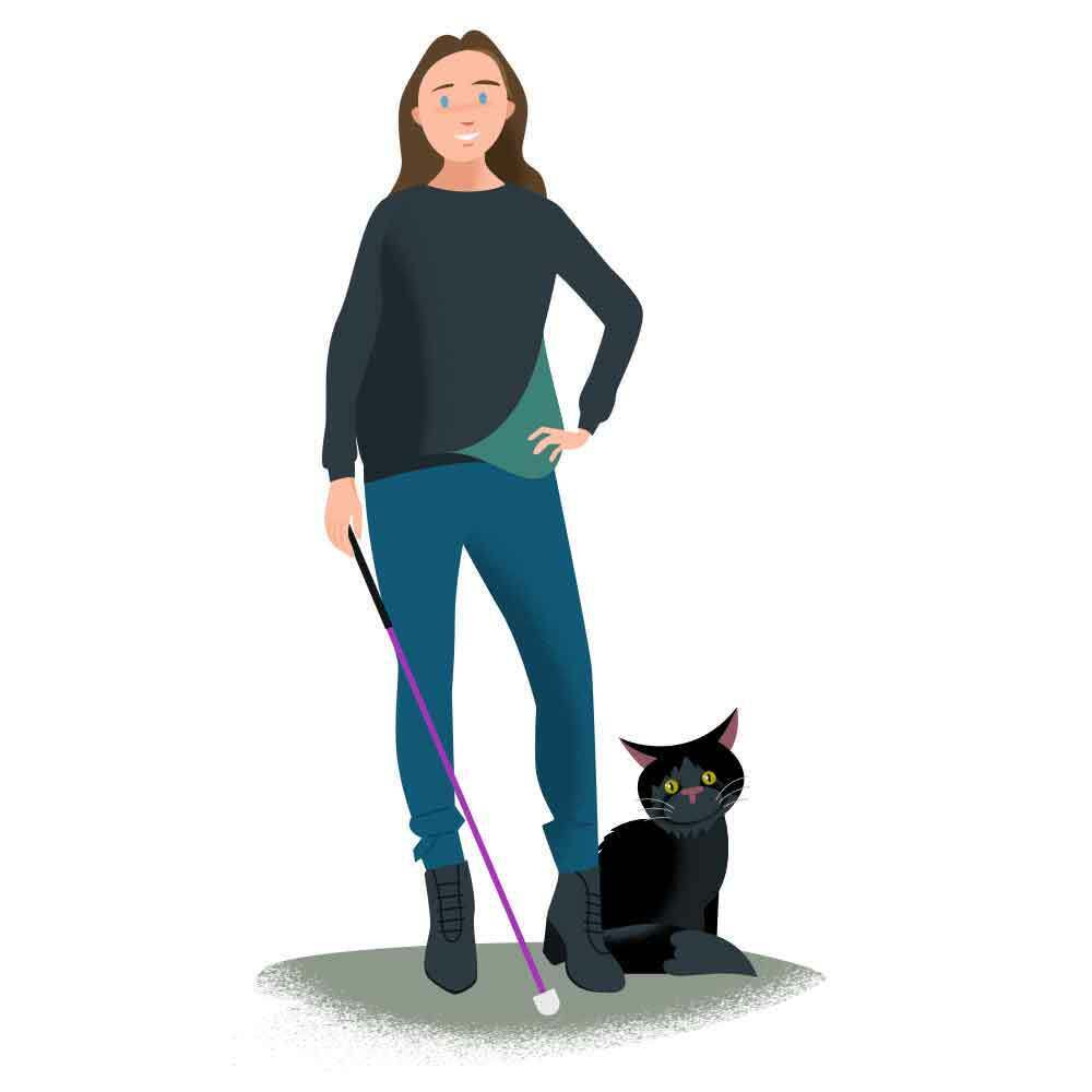 Illustration of our Trailblazer, Cala, holding a purple mobility cane with a white tip. She is smiling and standing next to a black cat.
