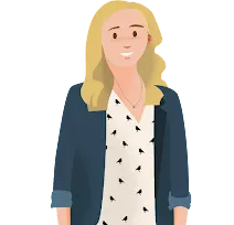 Illustration of Trailblazer Amy Wood, a woman with a hearing aid, with blond hair wearing a blazer and printed dress shirt.