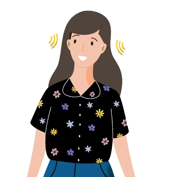 Illustration of Trailblazer Haley Kimmet, a woman with brown hair wearing a black shirt with colorful flowers. She is also wearing gold, sparkling hearing aids. Curved lines representing sound appear near her ears.