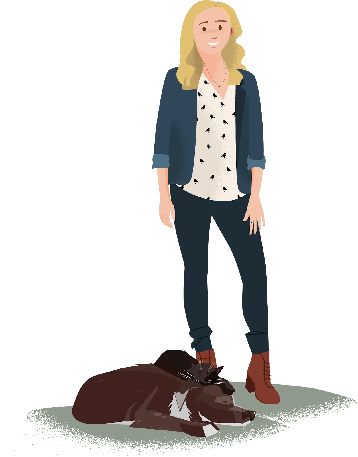 Illustration of Trailblazer Amy Wood, standing with a large brown dog and black cat sleeping together peacefully at her feet. She wears a hearing aid.