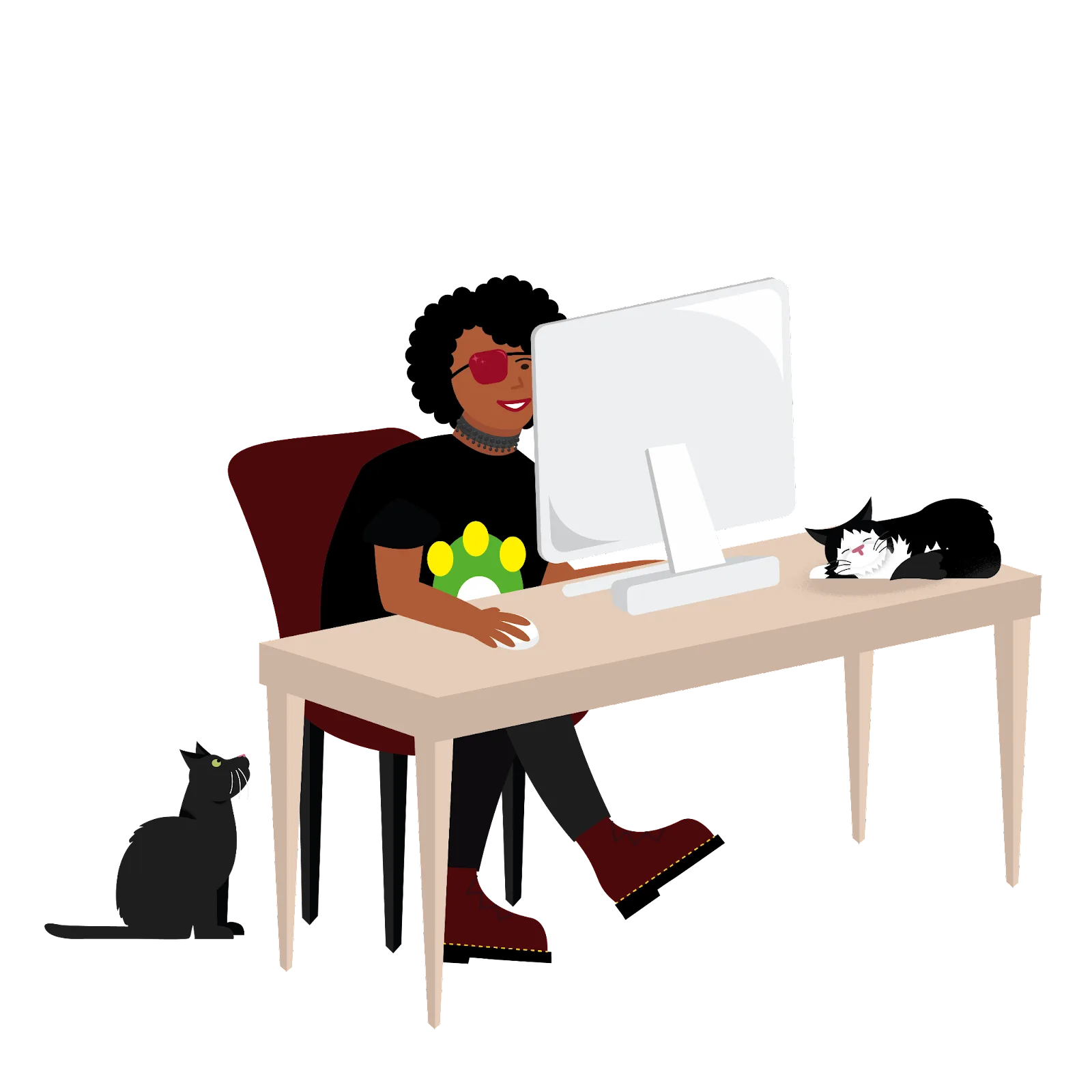 Illustration of Trailblazer Crystal Preston-Watson, sitting at a computer with two cats at her sides. She has curly black hair, and wears a red eye patch.