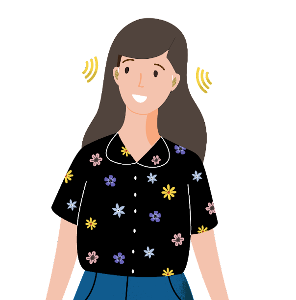 Illustration of Trailblazer Haley Kimmet, a woman with brown hair wearing a black shirt with colorful flowers. She is also wearing gold, sparkling hearing aids. Curved lines representing sound appear near her ears.