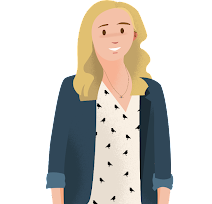 Illustration of Trailblazer Amy Wood, a woman with a hearing aid, with blond hair wearing a blazer and printed dress shirt.
