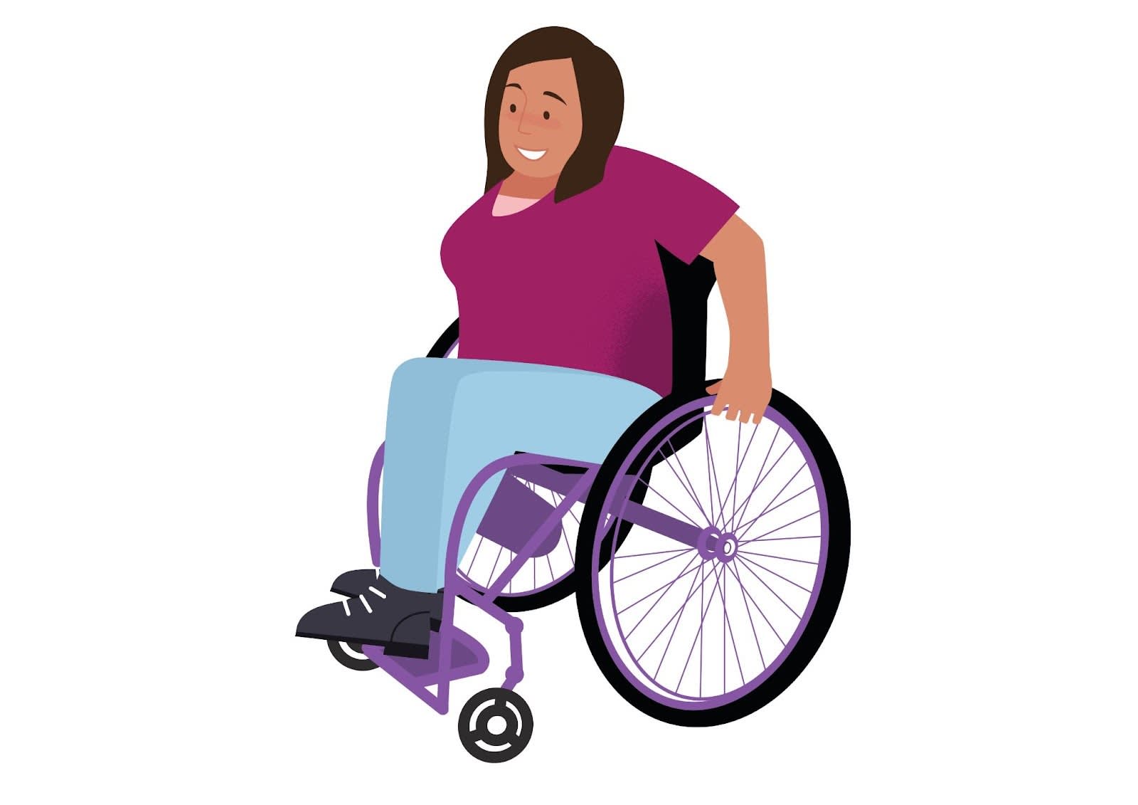 Illustration of Trailblazer Lucia Rios, a woman with brown hair and a fuschia shirt. She is smiling, with her hands on the wheels of her purple wheelchair.