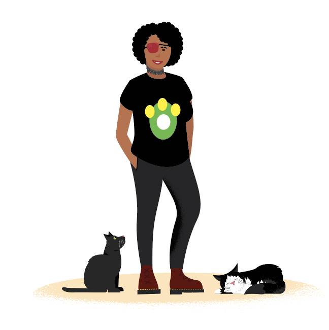  Illustration of Trailblazer Crystal Preston-Watson, a woman with curly black hair wearing a black graphic T-shirt and red eye-patch. Two cats sit next to her on the ground.