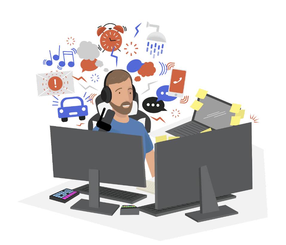 Illustration of Trailblazer Tom Frantz, a man wearing headphones. He sits in front of two desktop screens, a laptop covered in sticky notes, and a calculator. Colorful icons appear surrounding his head including those for a car, music, thought bubbles, an alarm clock, a shower, a phone, and more.