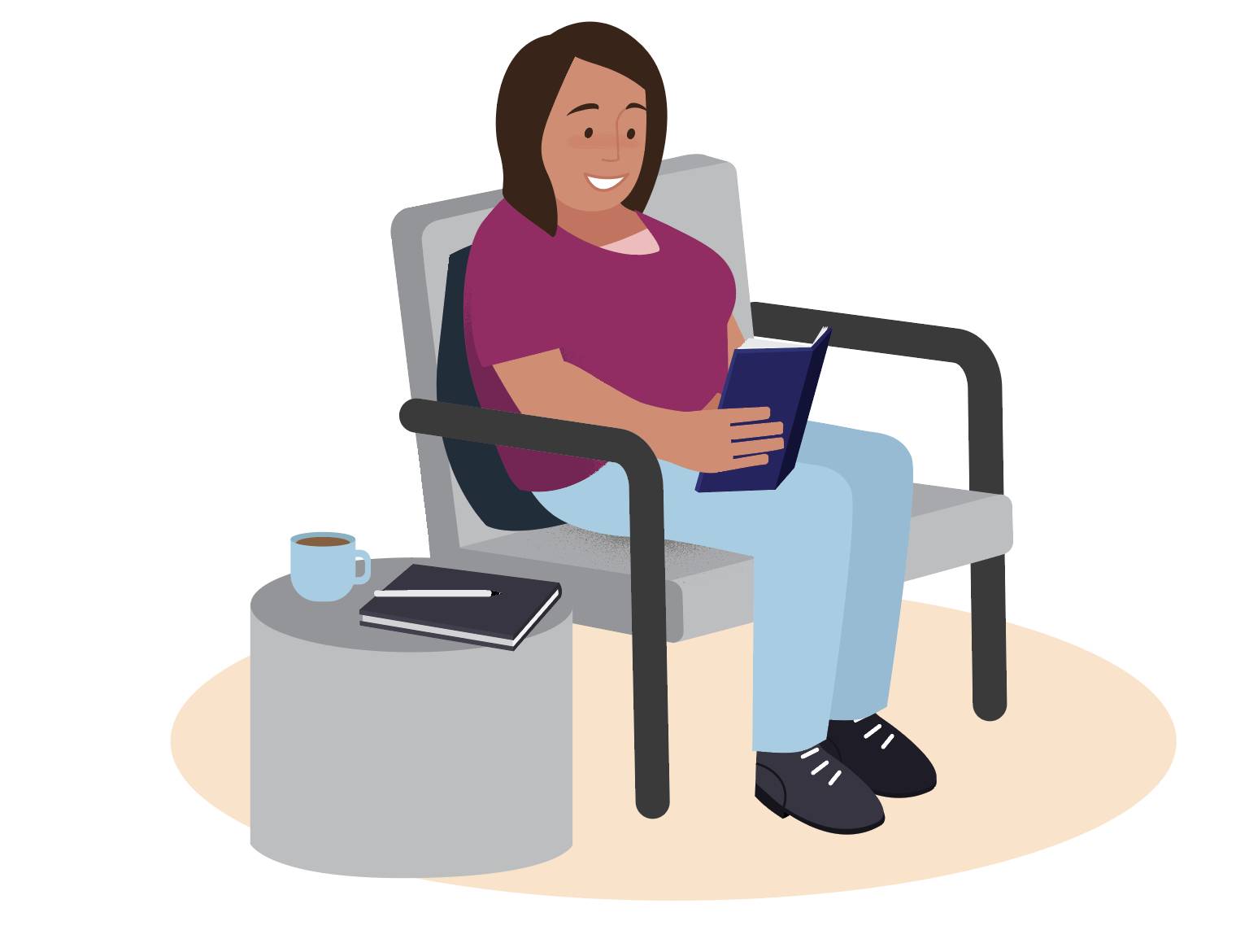 An illustration of Trailblazer Lucia Rios, a woman with brown hair in a fuschia shirt, sitting in a chair reading a book. On the table next to her are a notebook, pen, and cup of coffee.