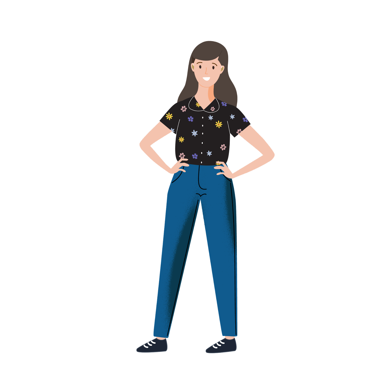  Illustration of Trailblazer Haley Kimmet, a woman with brown hair wearing a black shirt with colorful flowers. She wears gold, sparkling hearing aids. She stands confidently, smiling with her hands on her hips.