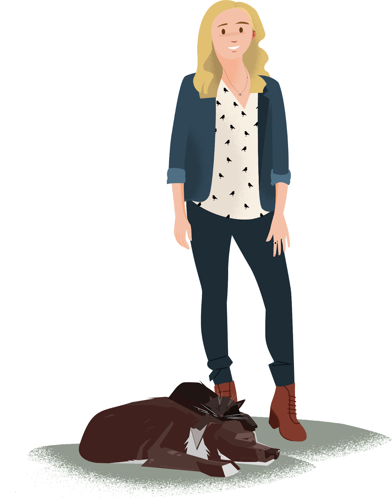  Illustration of Trailblazer Amy Wood, standing with a large brown dog and black cat sleeping together peacefully at her feet. She wears a hearing aid.