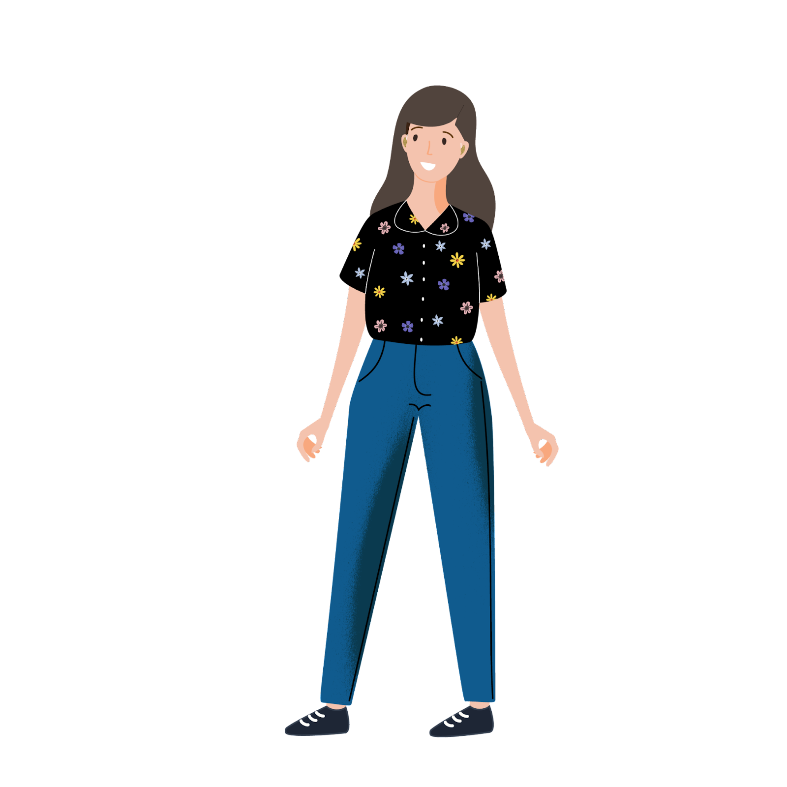 An illustration of Trailblazer Haley Kimmet. She wears gold, sparkling hearing aids, and is standing with her hands out to her sides.