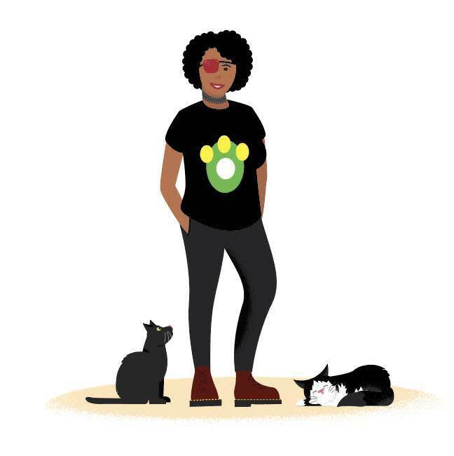 Illustration of Trailblazer Crystal Preston-Watson, a woman with curly black hair wearing a black graphic T-shirt and red eye-patch. Two cats sit next to her on the ground.