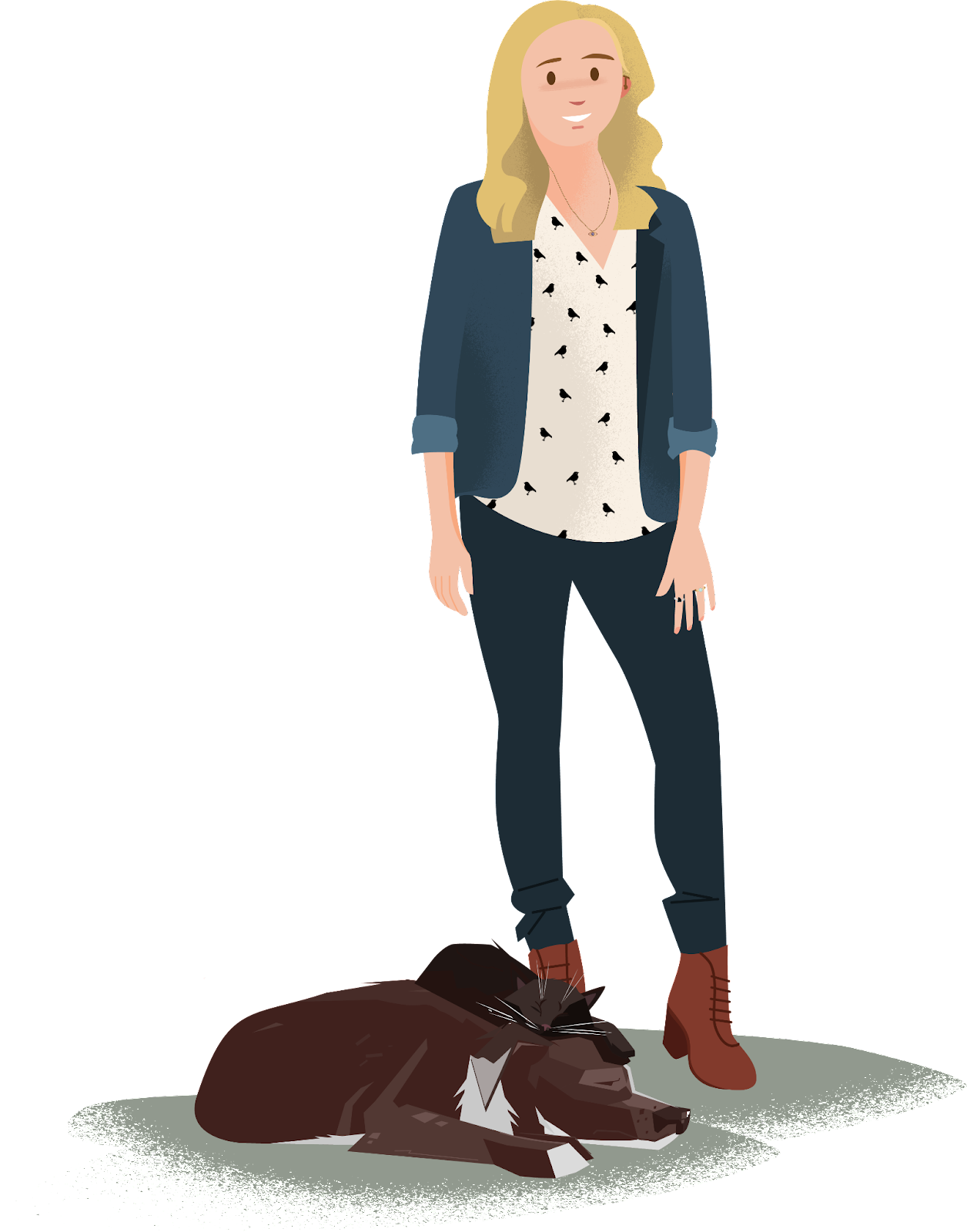 Illustration of Trailblazer Amy Wood, standing with a large brown dog and black cat sleeping together peacefully at her feet. She wears a hearing aid.