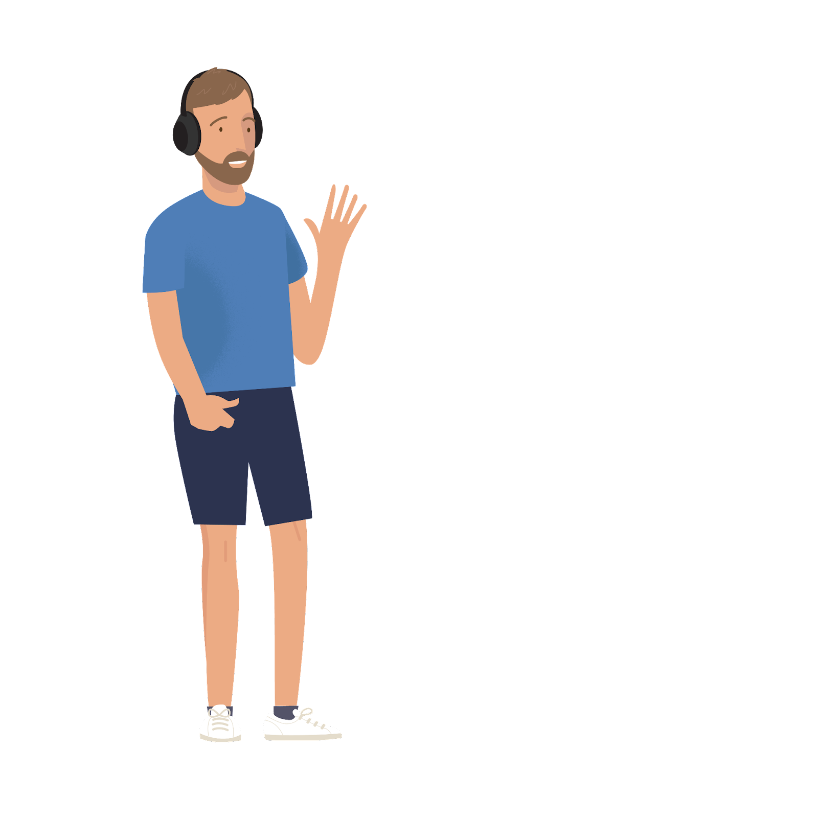 Illustration of Trailblazer Tom Frantz, a man with brown hair and beard wearing headphones and waving. He is wearing a blue T-shirt, shorts, and white sneakers.