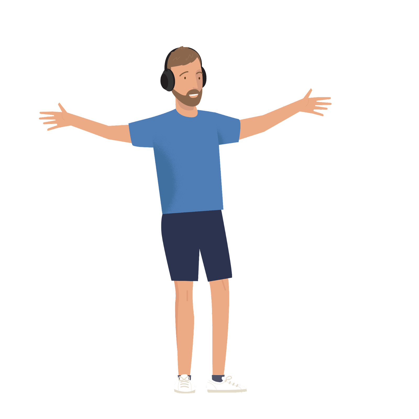 An illustration of Trailblazer Tom Frantz, wearing headphones and standing with his arms outstretched in a welcoming gesture.