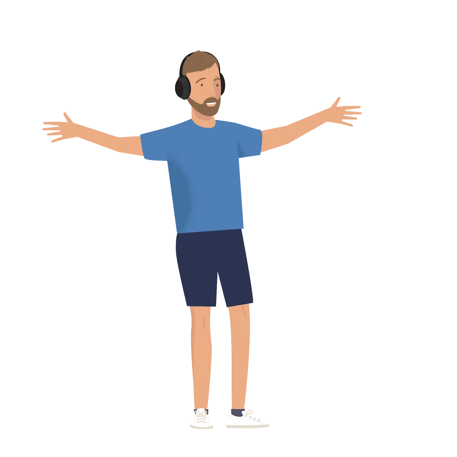 An illustration of Trailblazer Tom Frantz, wearing headphones and standing with his arms outstretched in a welcoming gesture.