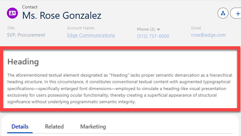 The rich text component at the top of the contact record that displays the text that follows.