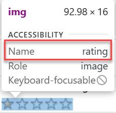 Image accessibility attributes include the name “rating”, without indicating what the rating is.