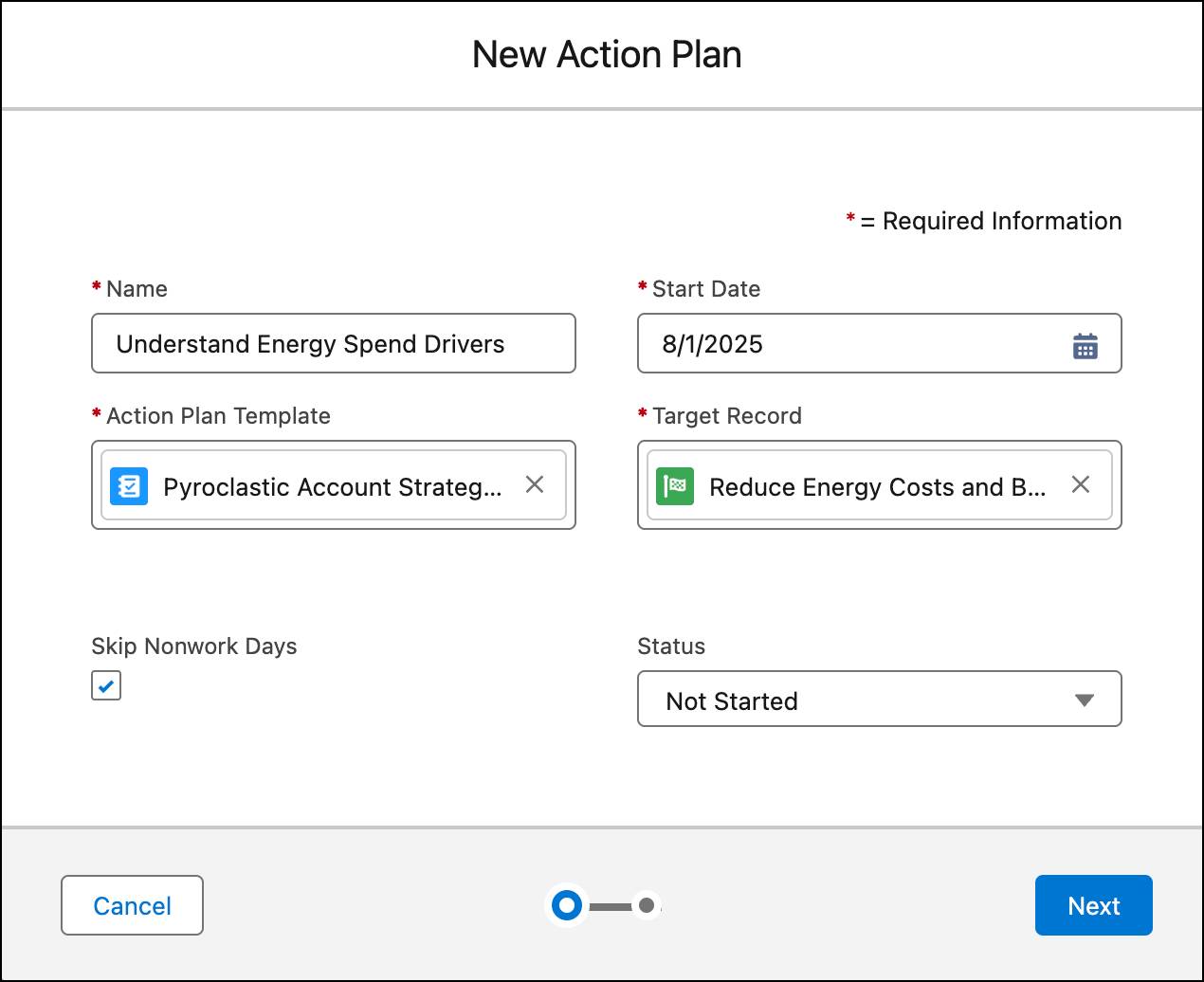 The New Action Plan popup window.