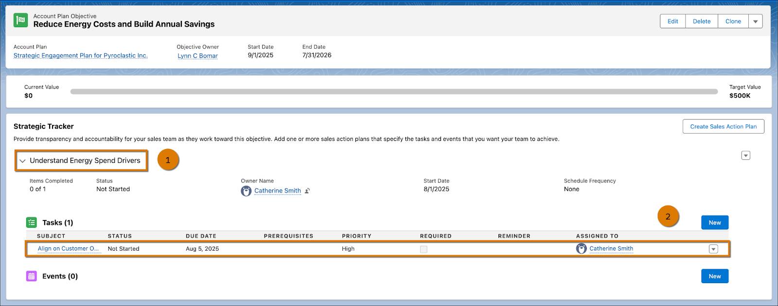 The Account Plan Objective page with the strategic tracker and tasks highlighted.