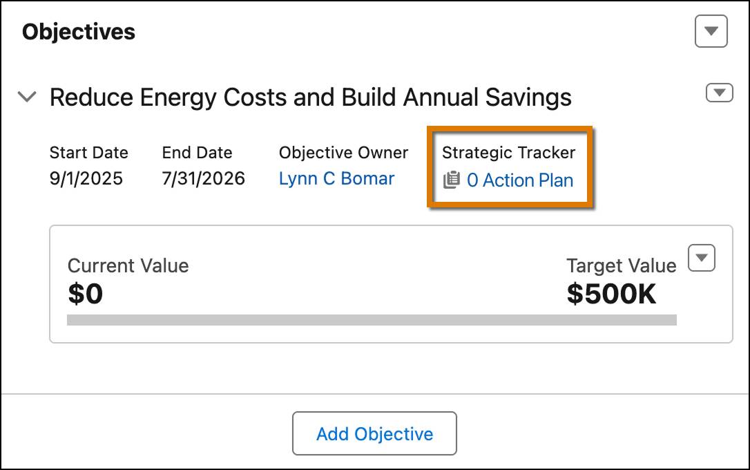 The Objectives section highlighting the strategic tracker.