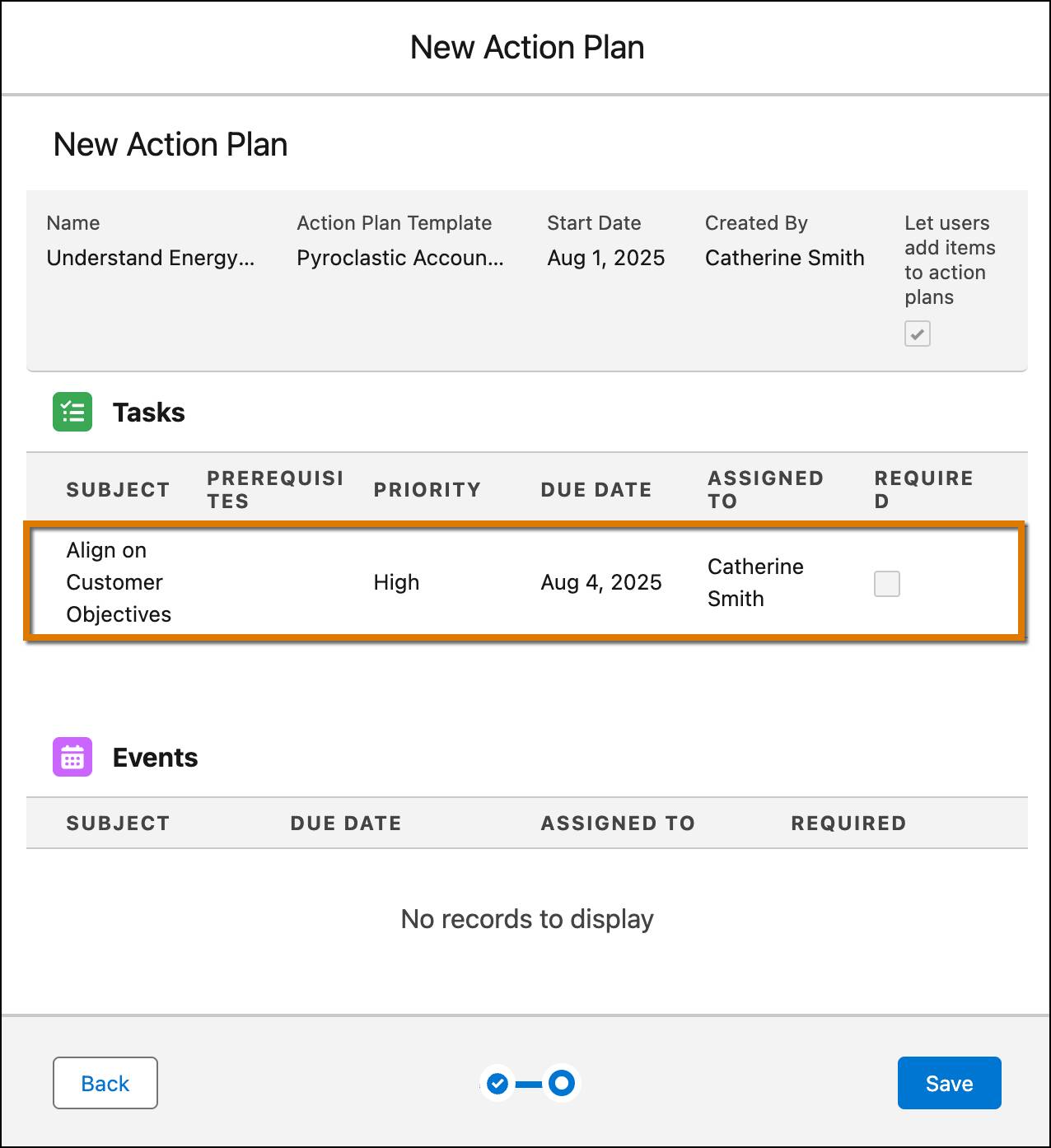 The New Action Plan page highlighting the default task.